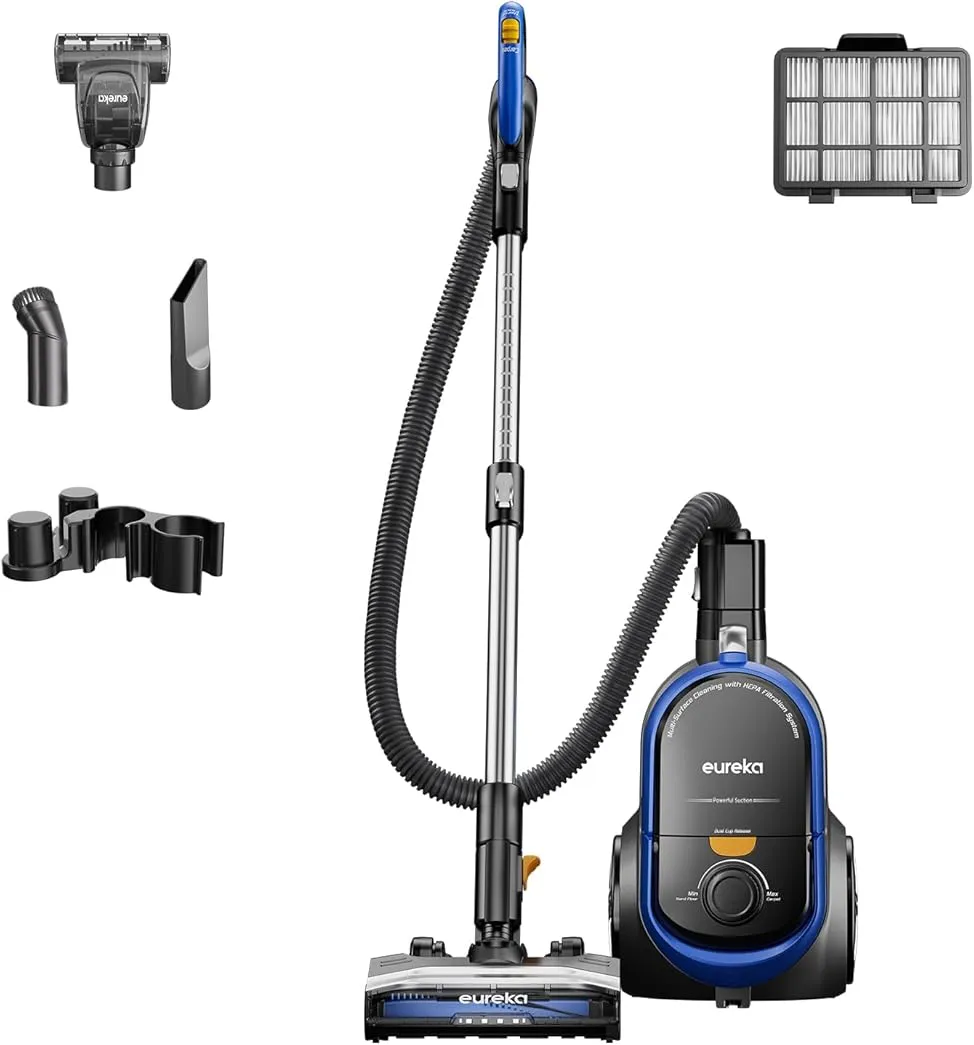 Eureka Bagless Canister Vacuum with Washable HEPA Filter, 16KPA Suction for Carpets/Hard Floors, Compact Design with 3 Cleaning Tools, 2-Motor Household Vacuum, Lightweight and Easy Maneuverable