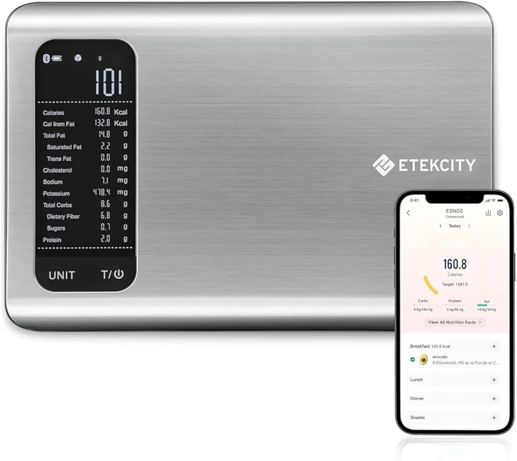 Etekcity Smart Food Kitchen Scale with Nutritional Calculator, Free App with 19 Nutrients Tracking, Calorie, Marco, Digital grams and ounces for weight loss, Premium Stainless Steel, 11lb