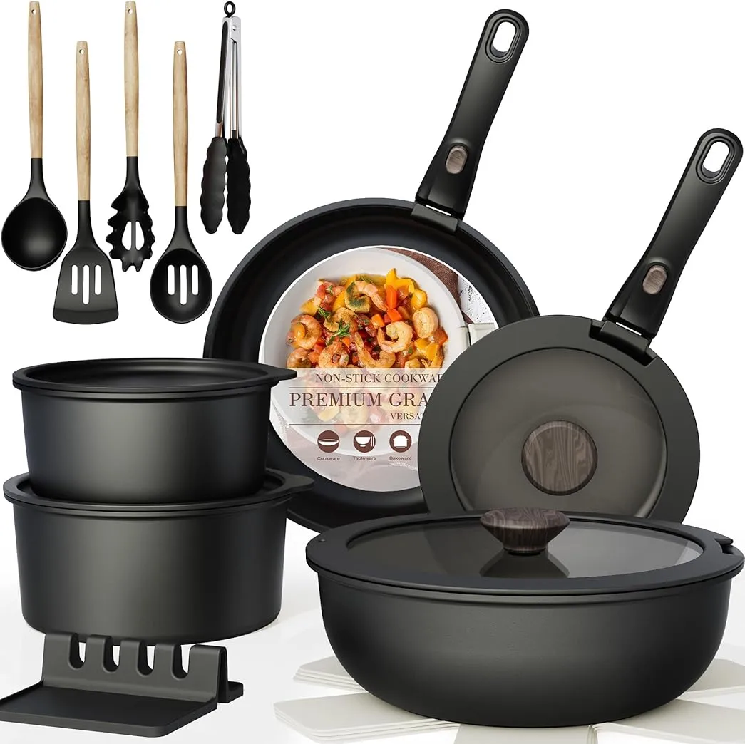 Astercook Non Stick RV Pots and Pans Ceramic Kitchen Cookware Set with Detachable/Removable Handle, Oven Safe, Induction Ready, Stackable, Black, 21 pcs