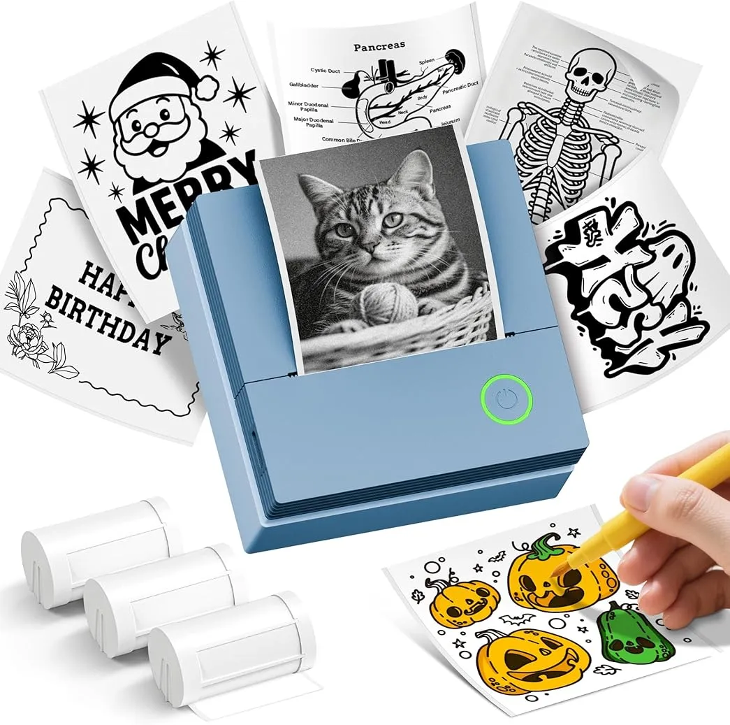 Sticker Printer, PM290C Portable Mini Printer, Inkless Bluetooth Sticker Maker with 3 Rolls Paper, Impresora Portátil for Notes, Journal, DIY, Gift, Print Pod for School/Office/Home, Blue